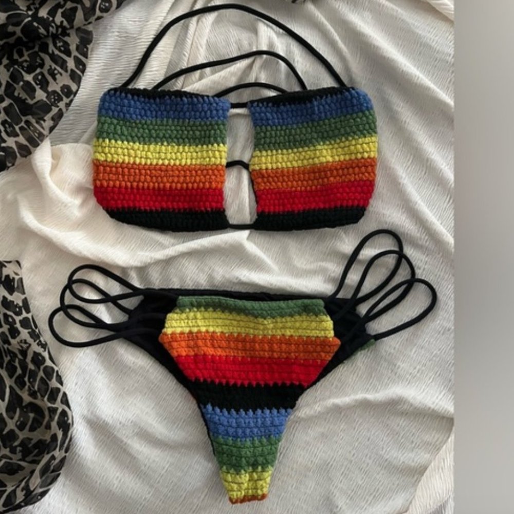 🌈RARE🌈 INDAH MAI TAI CROCHET RAINBOW BIKINI - NWOT